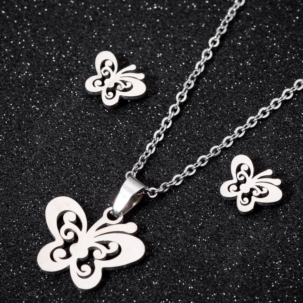 5:Butterfly Necklace Stud Earring Set Steel Color