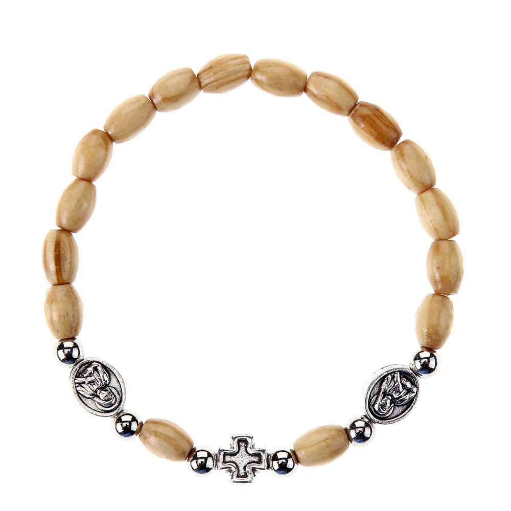 Long wooden beaded cross Maria bracelet