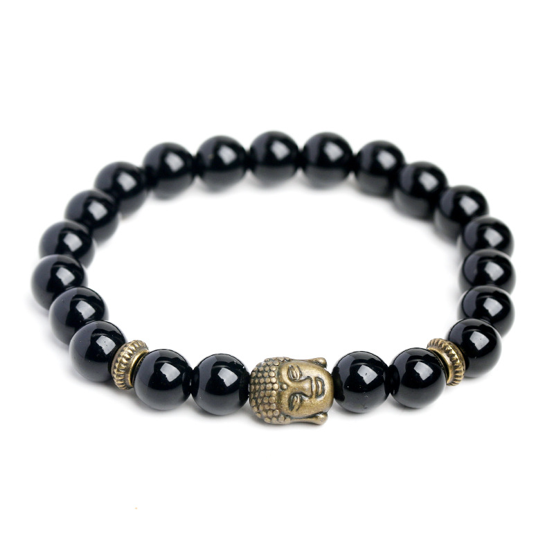 8mm black agate + ancient bronze Buddha