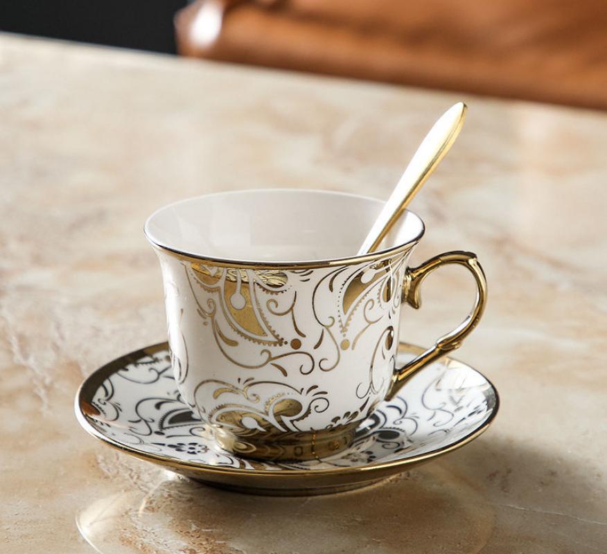 Golden Flower 1 cup saucer 1 golden spoon