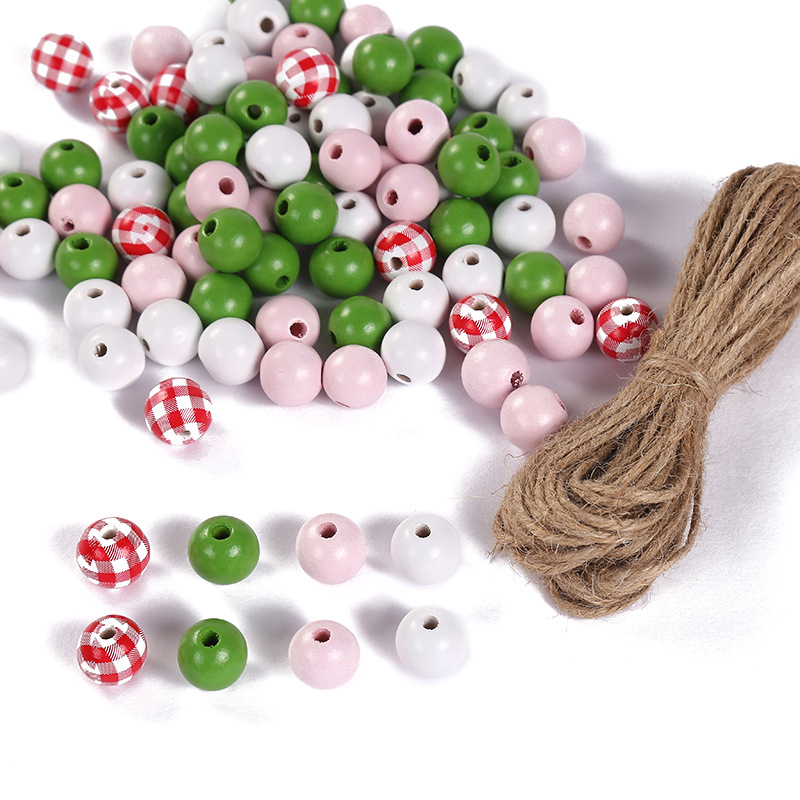 Pink green wooden beads diameter 16*16mm, hemp rop