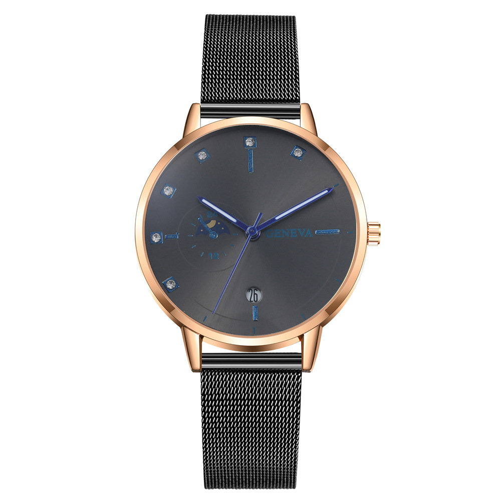 Black mesh belt rose gold shell black face blue ne