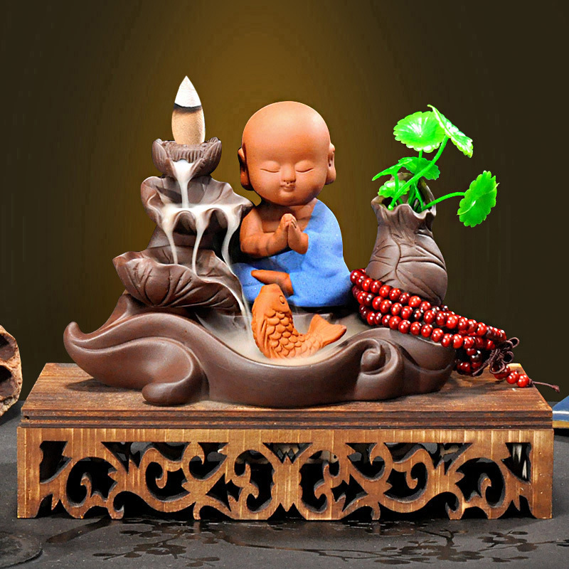 7:Hollow wooden base   big leaf lotus pond   blue little monk with wealth