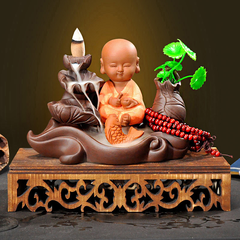 8:Hollow wooden base   big leaf lotus pond   wooden fish little monk