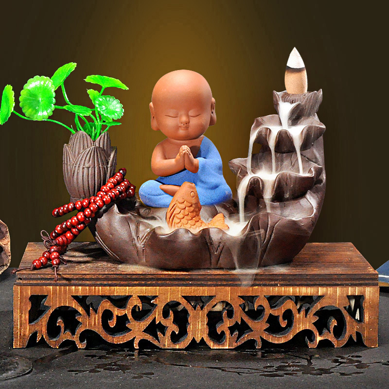 16:Hollow Wood Base   Fish Playing Lotus Pond   Little Monk Ju Cai Lan