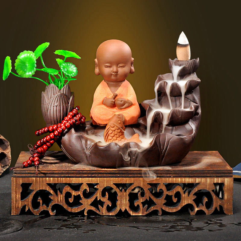 17:Hollow Wooden Base   Fish Playing in Lotus Pond   Wooden Fish Little Monk