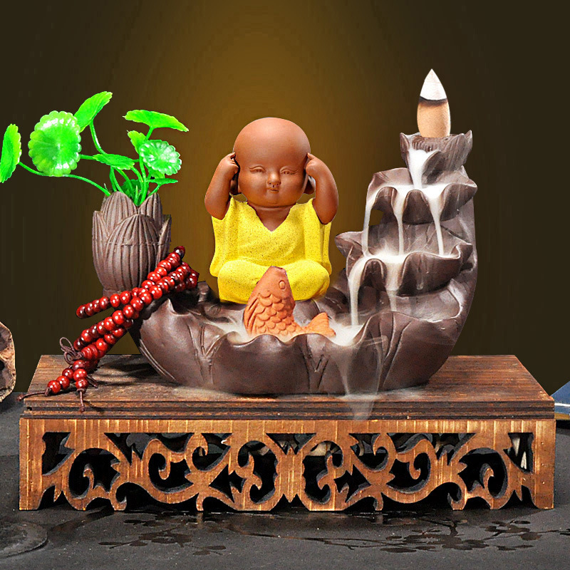 20:Hollow Wood Base   Fish Playing Lotus Pond   Wisdom Little Monk