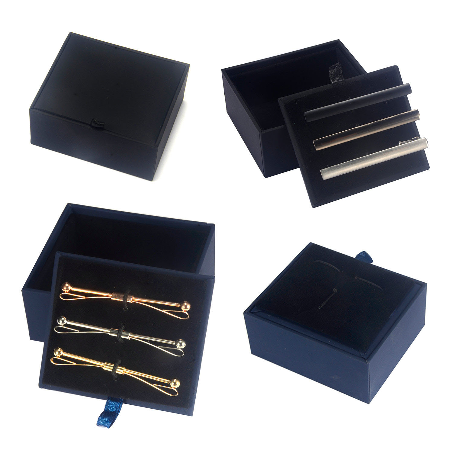 Dark blue with 3 tie clips or tie pins