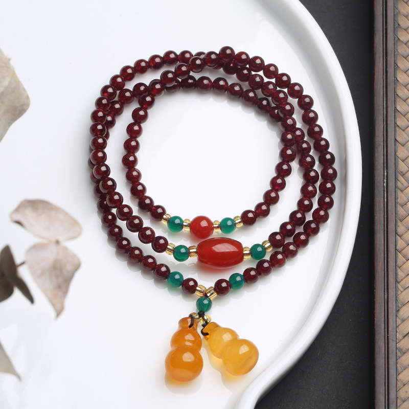 Three Circle Garnet Bracelet Hanging Double Gourd