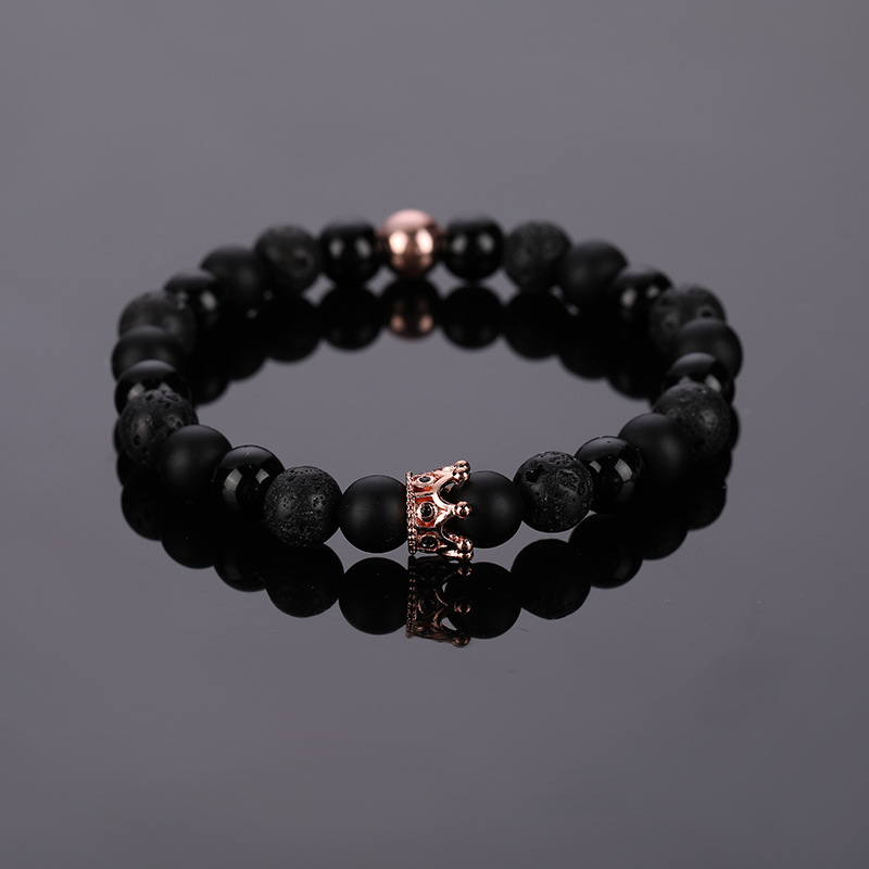 7:Small Rose Gold Crown Volcanic Stone Black Bead Bracelet