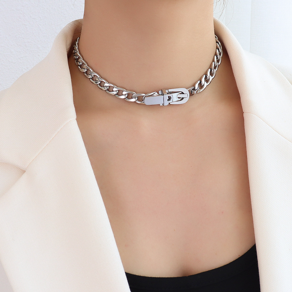 Steel Color Strap Buckle Necklace 33+8cm