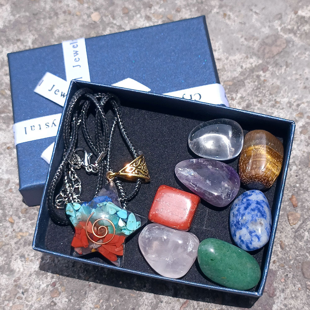 Irregular Colorful Gems + Pentagram Pendant