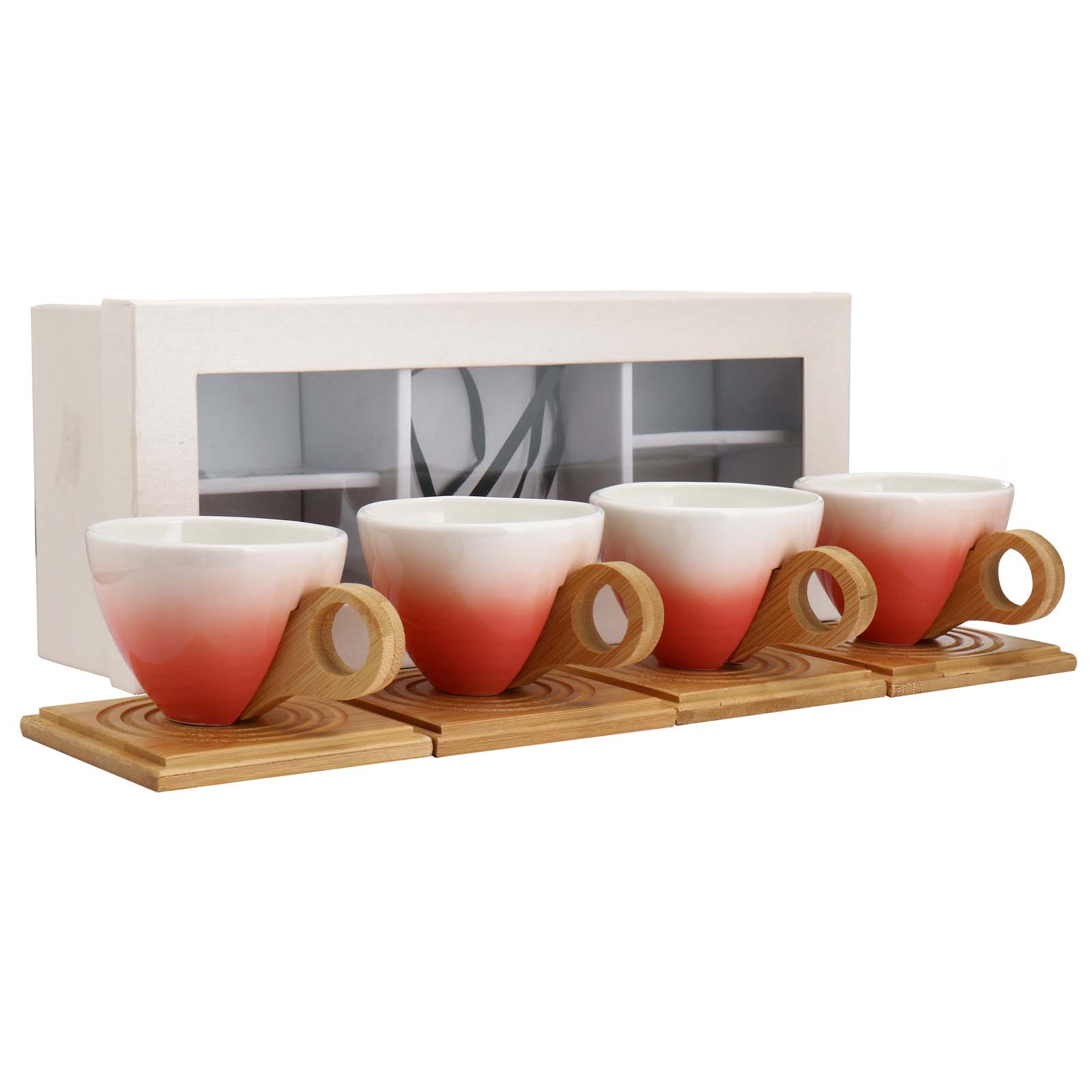 Vintage Bamboo Handle Tea Cup   Bamboo Mat   Gift Box (Pink Set)