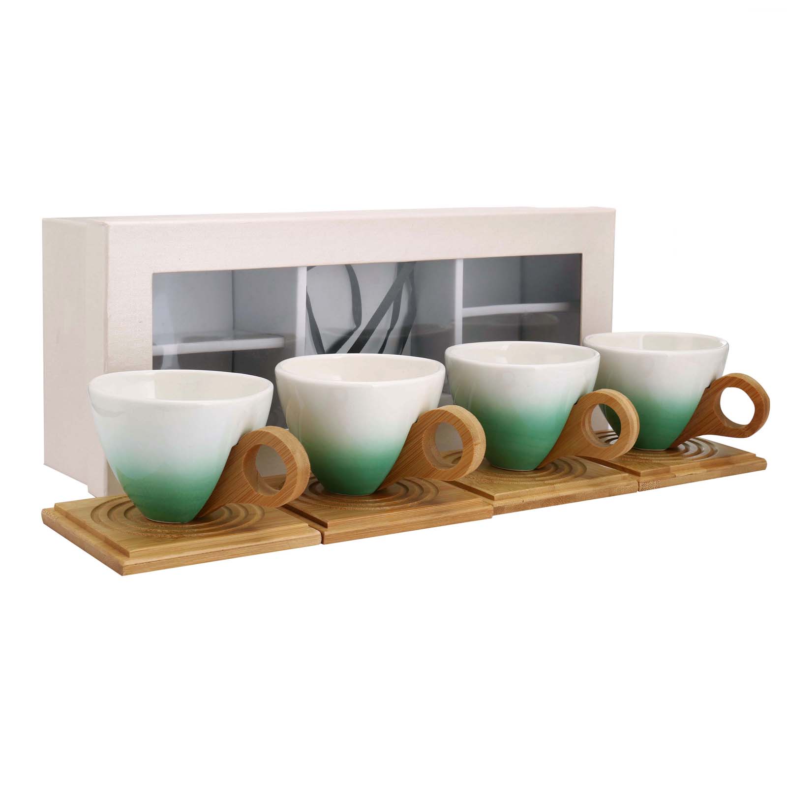 Vintage Bamboo Handle Tea Cup   Bamboo Mat   Gift Box (Green Set)