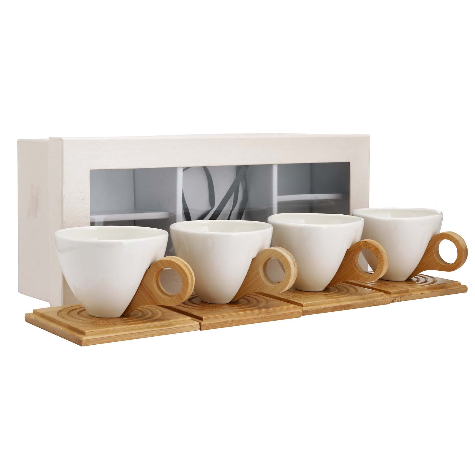 Vintage Bamboo Handle Tea Cup   Bamboo Mat   Gift Box (White Set)