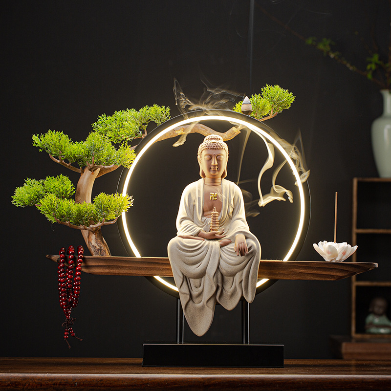 2:Medicine Buddha [painted pottery] full set of pine needle lamp wooden seat  53*20*40cm