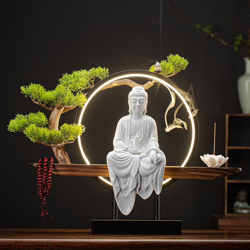 4:Medicine Buddha [white porcelain] pine needle lamp wooden seat full set  53*20*40cm