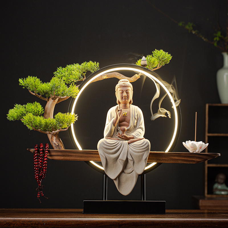 6:Amitabha [painted pottery] full set of pine needle lamp wooden seat  53*20*40cm