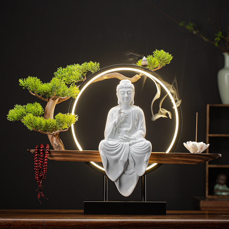 8:Amitabha [white porcelain] pine needle lamp wooden seat full set  53*20*40cm