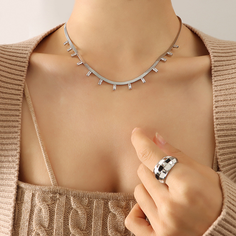 P340-white zircon steel necklace-40+5cm