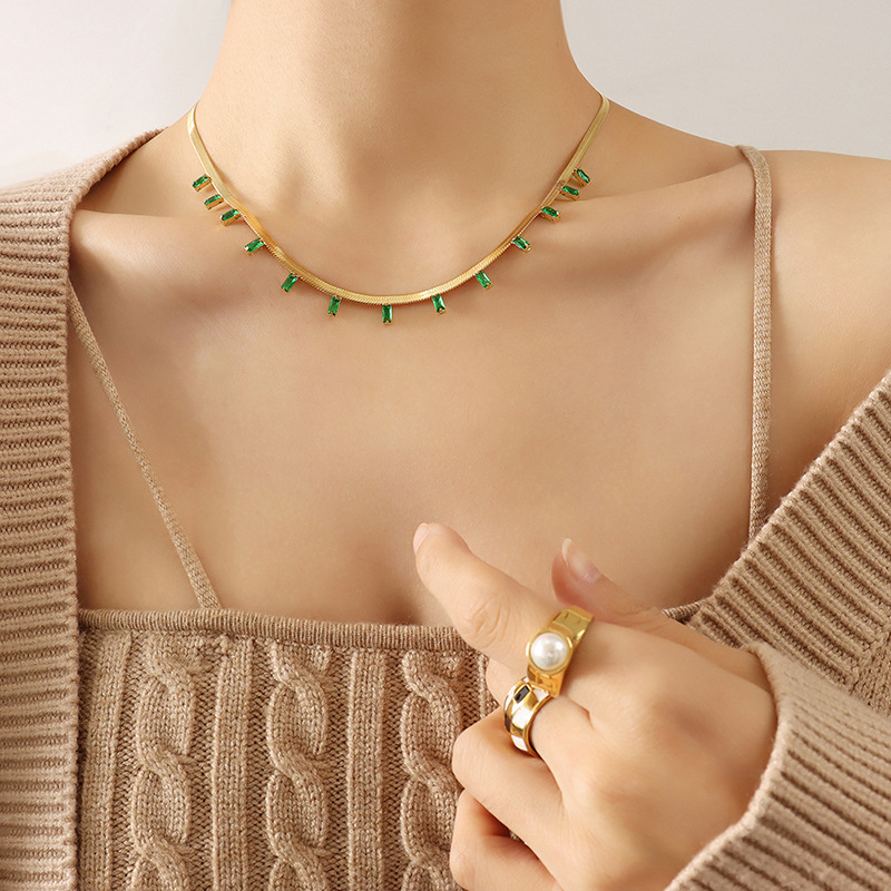 P340-Green Zircon Gold Necklace-40+5cm