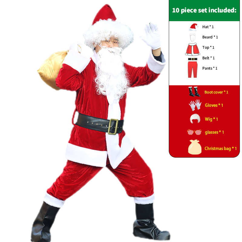 10-piece set B (hat   beard   top   belt   pants   boots   gloves   wig   glasses   yellow Christmas bag)