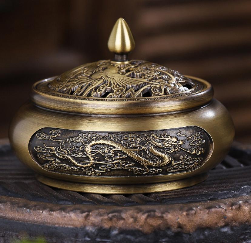 Flat bottom carved dragon and phoenix stove 9.5*7.5cm