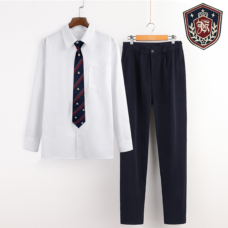 Men's white long sleeve   navy blue pants