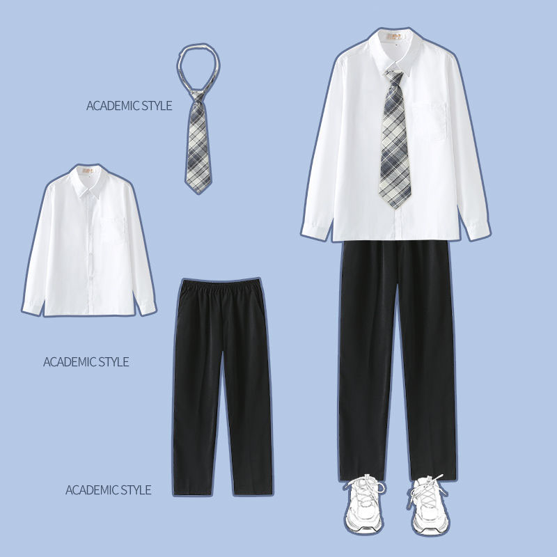 White long sleeve   black pants   one knife tie