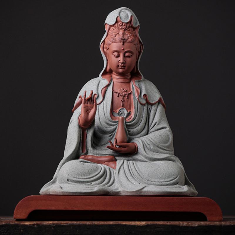 Holding bottle Avalokitesvara - Sitting style grey blue arc base 20*12*22.6cm