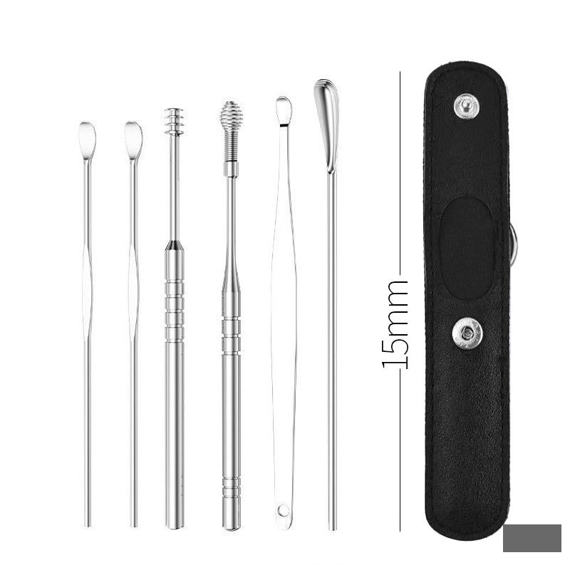 Stainless Steel Ear Spoon 6-piece Set - Black leather case