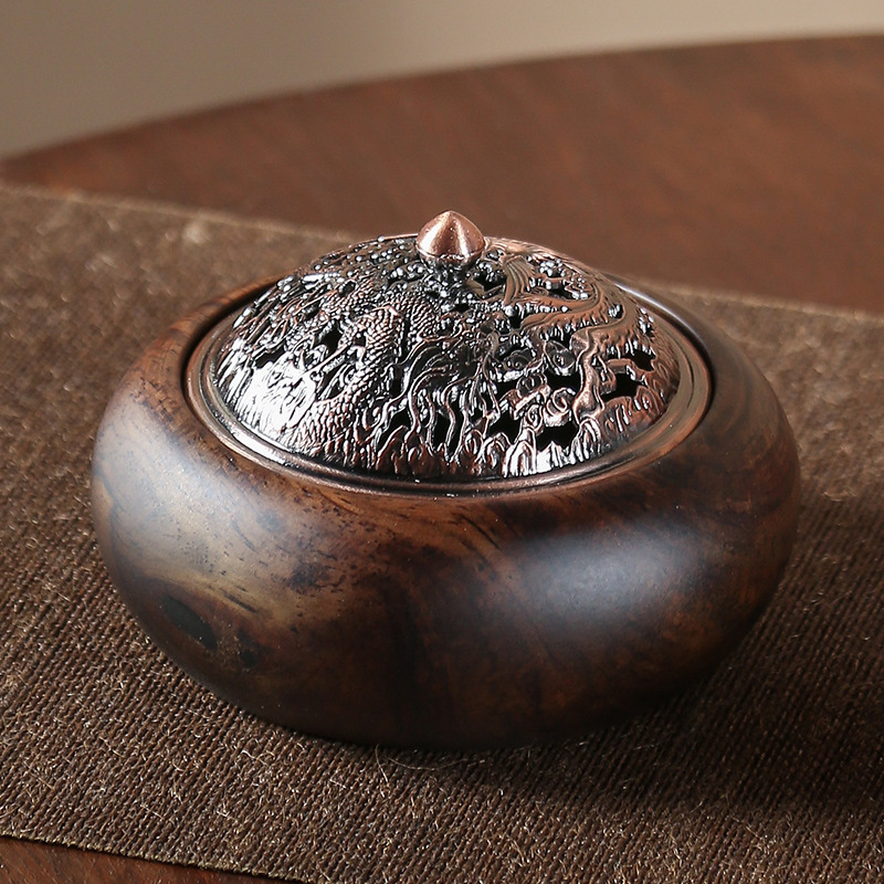 Dragon Phoenix Black Sandalwood Incense burner with rose gold lid