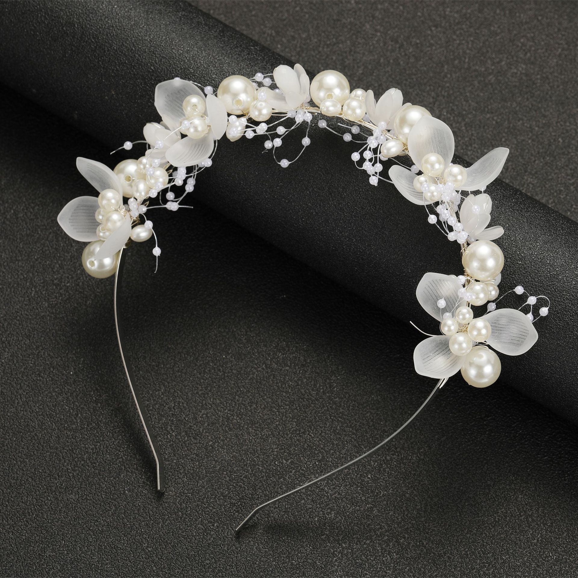 White bead headband with silver copper wire