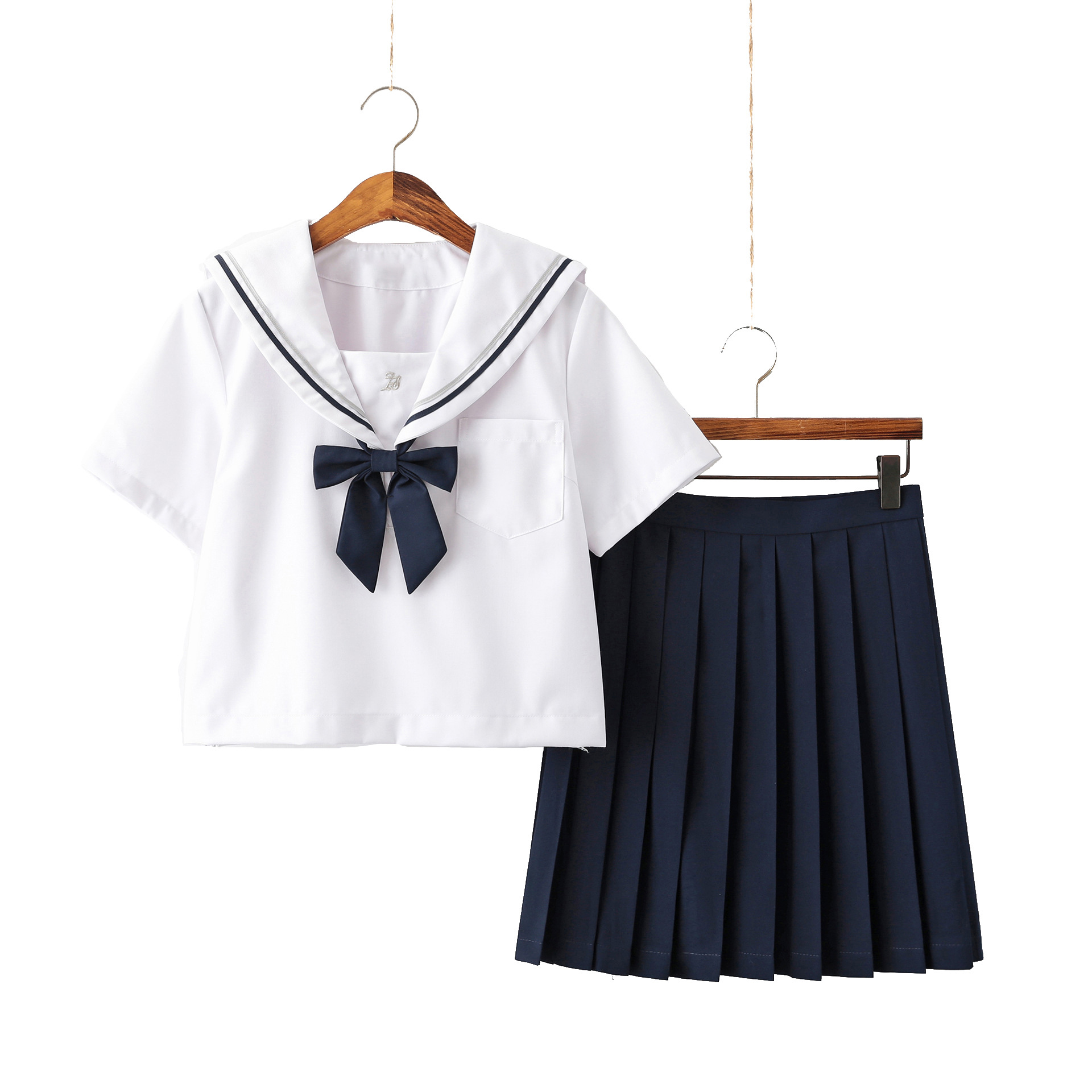 [Shore Jing short sleeve   navy blue skirt   navy blue bow tie]