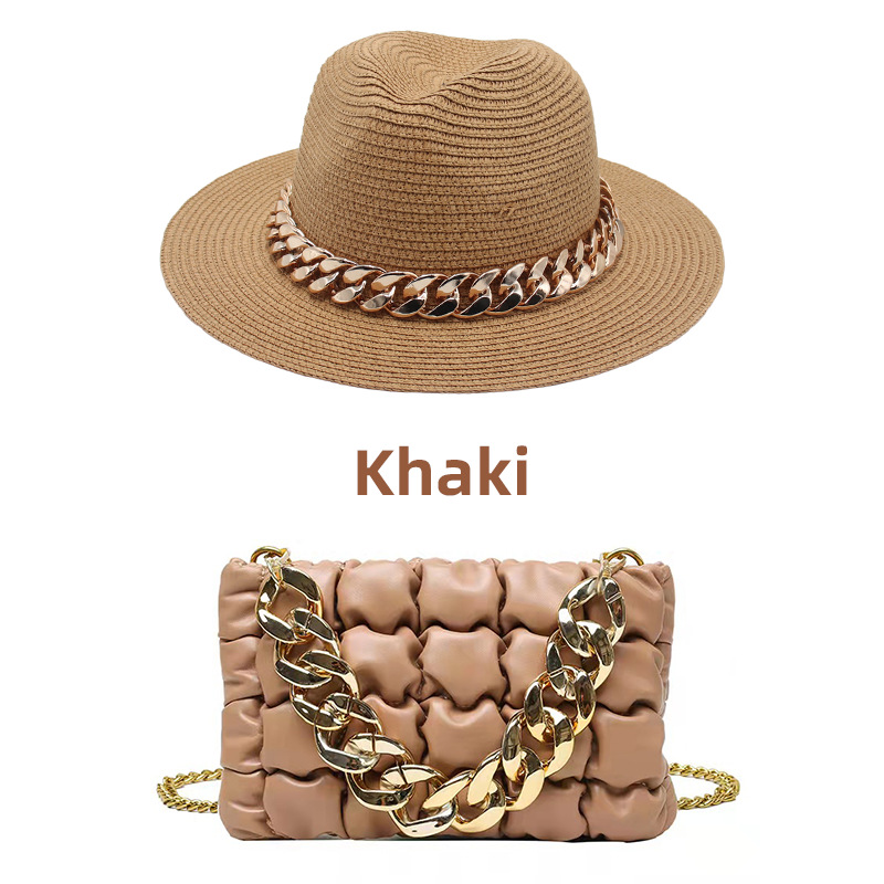 khaki hat and bag