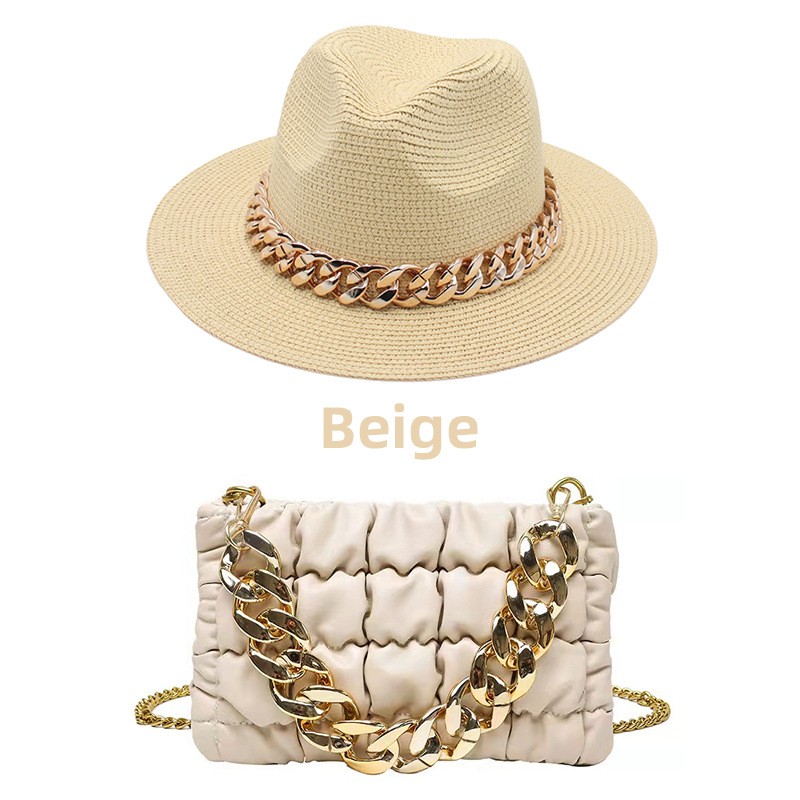 beige hat and bag