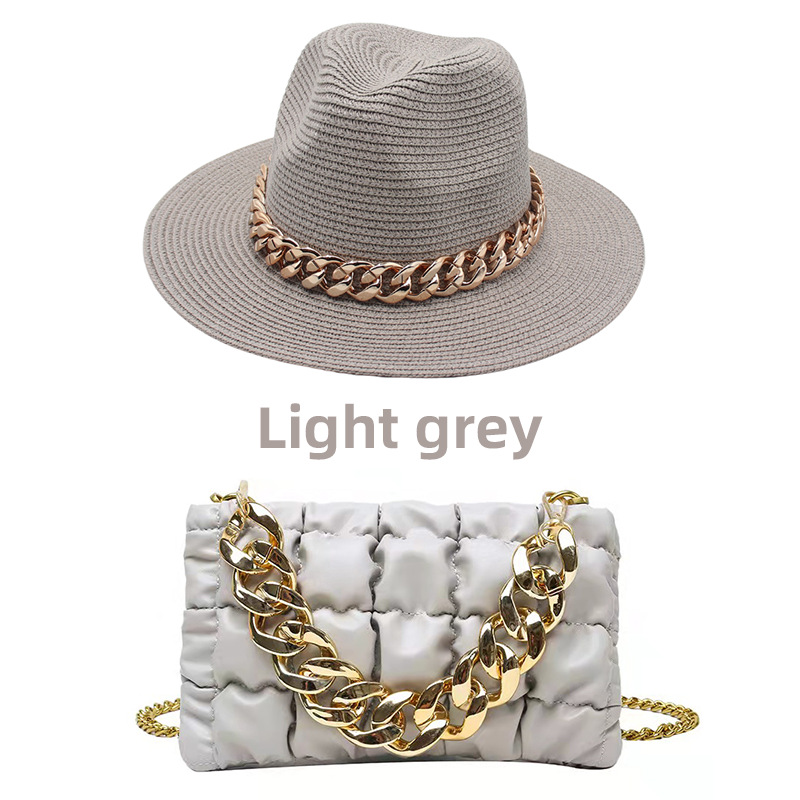 light grey hat and bag