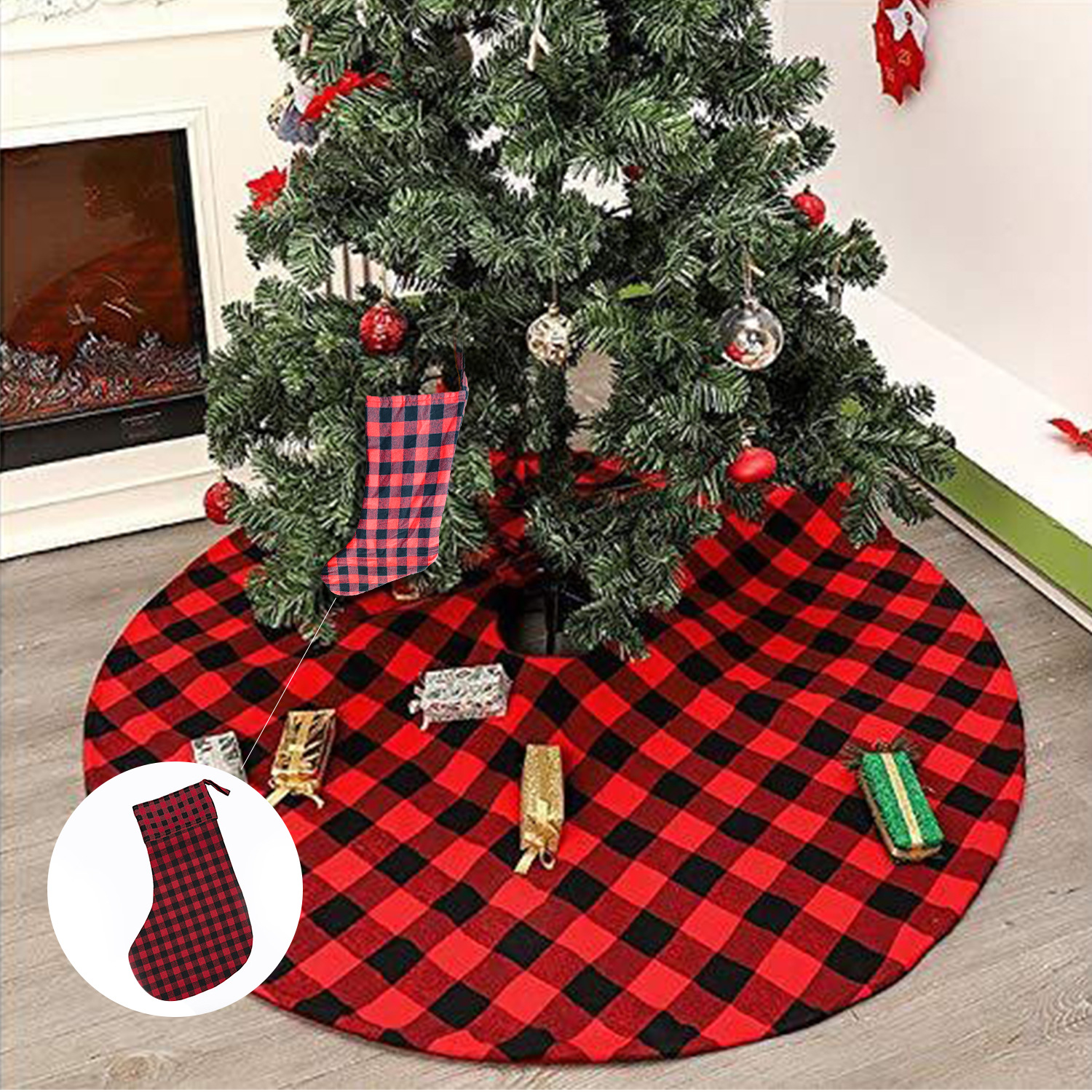 Red and black plaid tree skirt 78cm extra Christmas socks