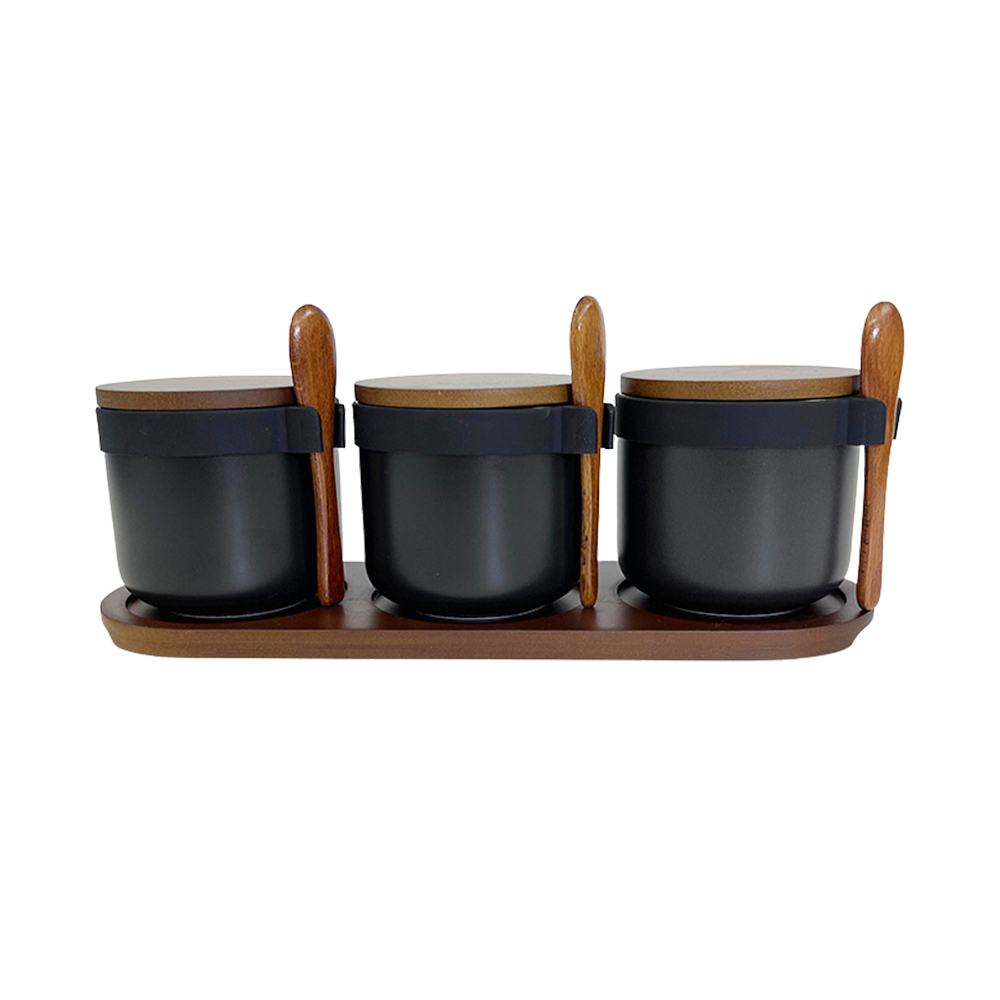 3-piece seasoning jar - Matte black (with wooden spoon   spoon buckle)