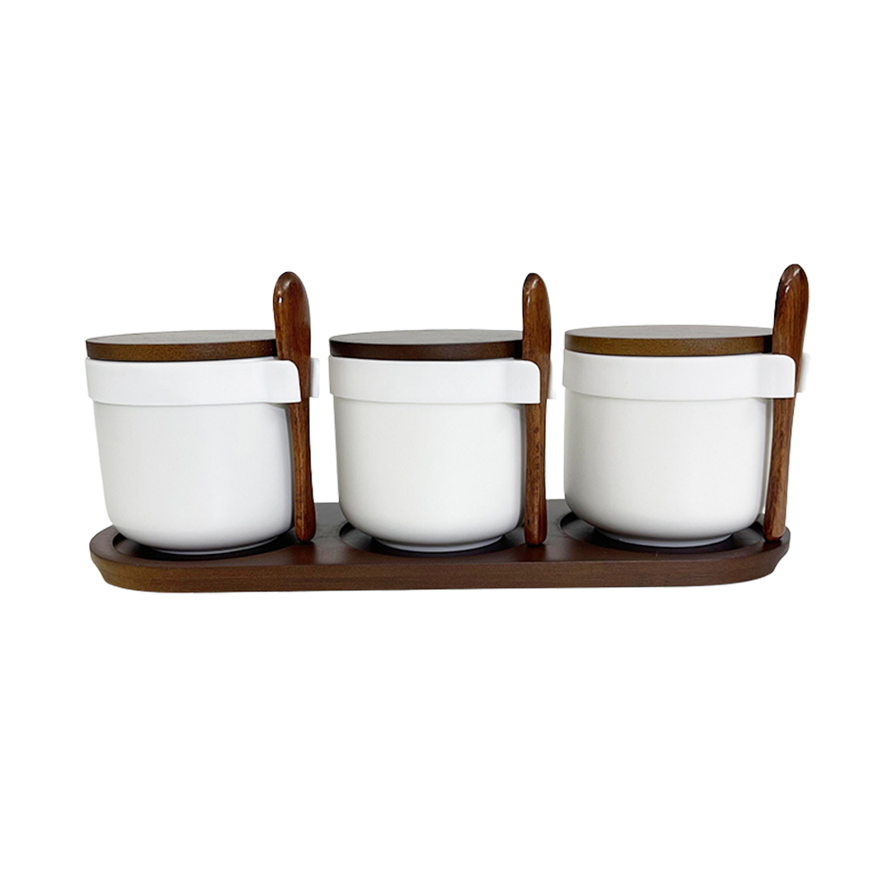 3-piece seasoning jar - Matte white (with wooden spoon   spoon buckle)