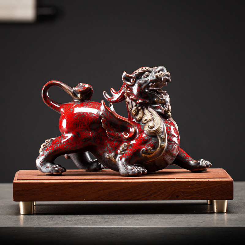 Single red pixiu (male)   copper wood base