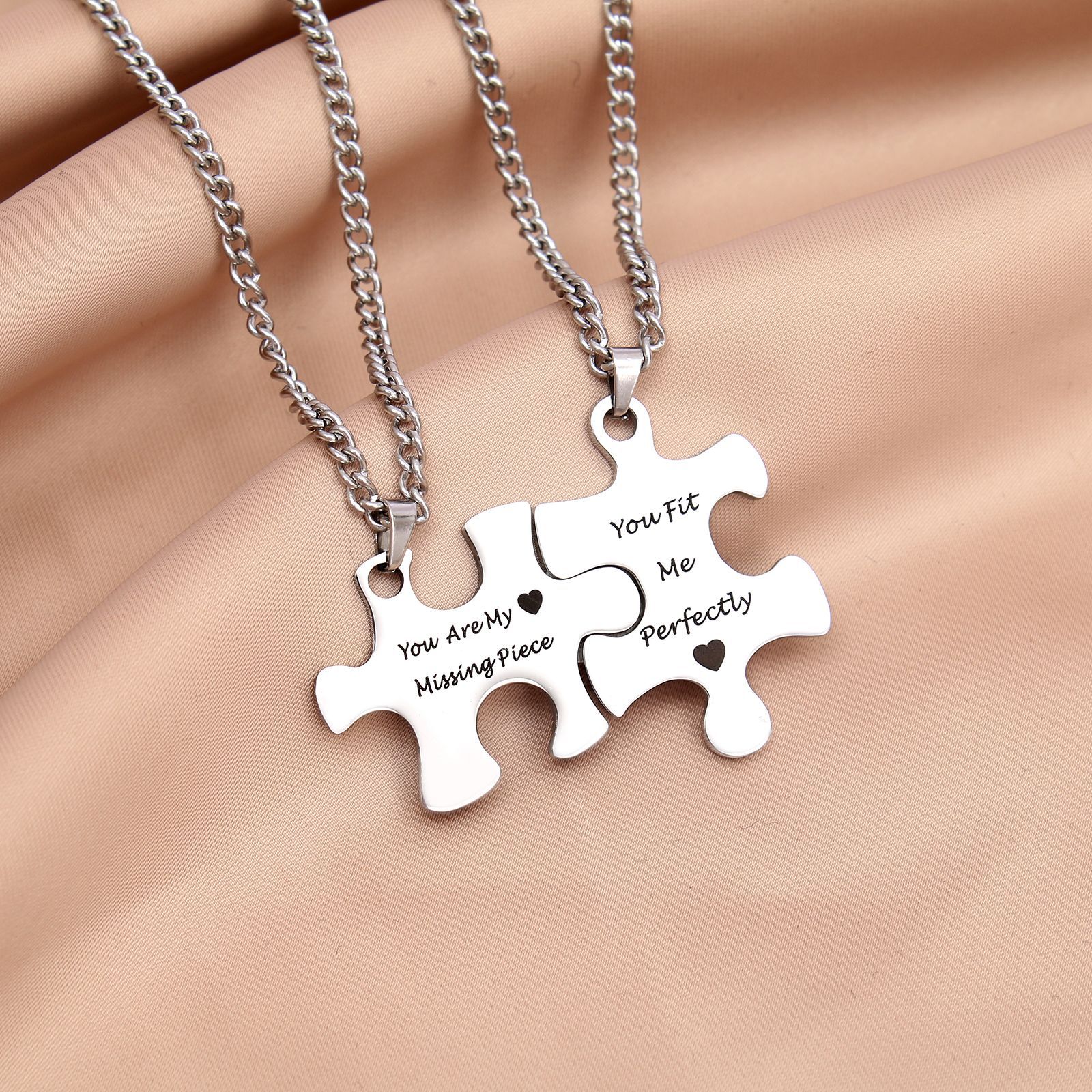 Puzzle necklace F stainless steel chain pair