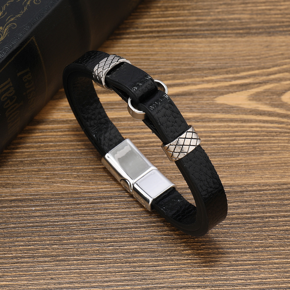 Black leather and white buckle