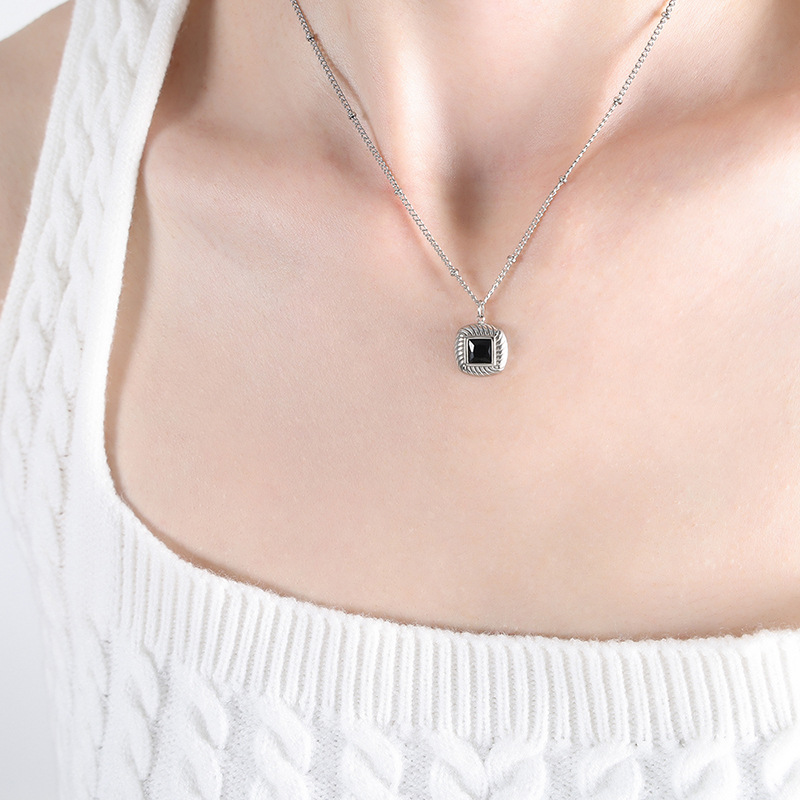 Steel black glass stone necklace