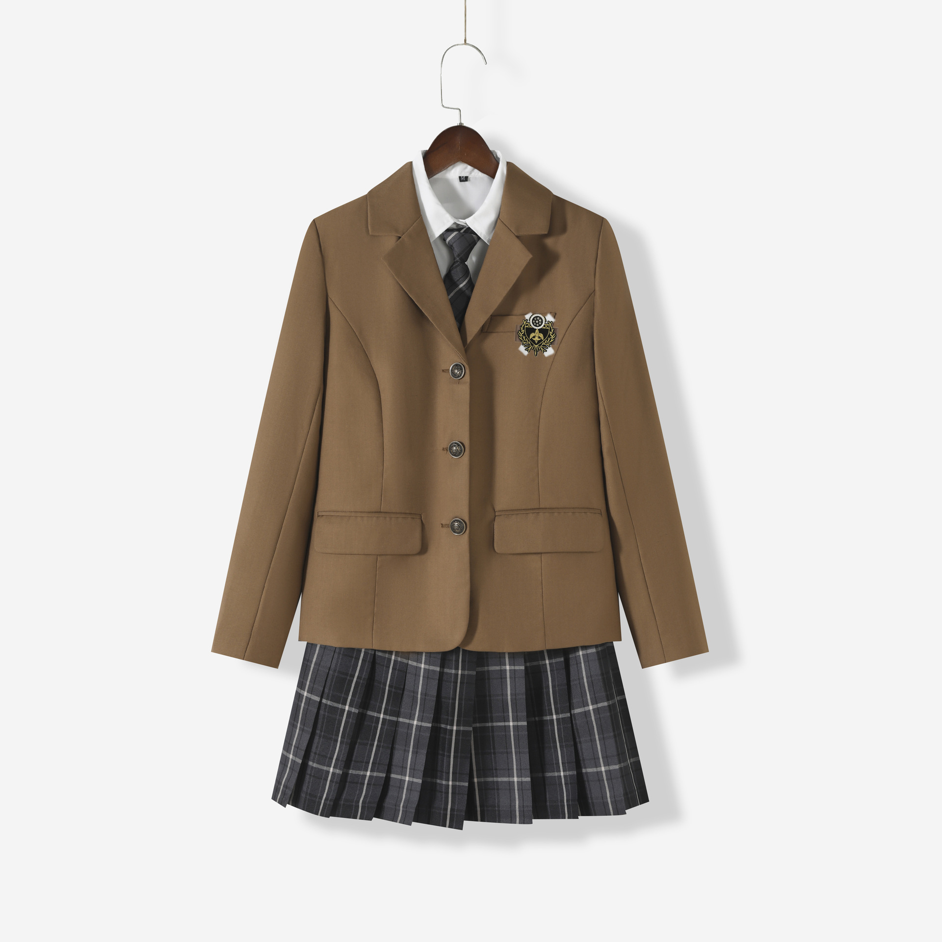 Camel suit   long sleeve fork shirt   soot plaid skirt suit