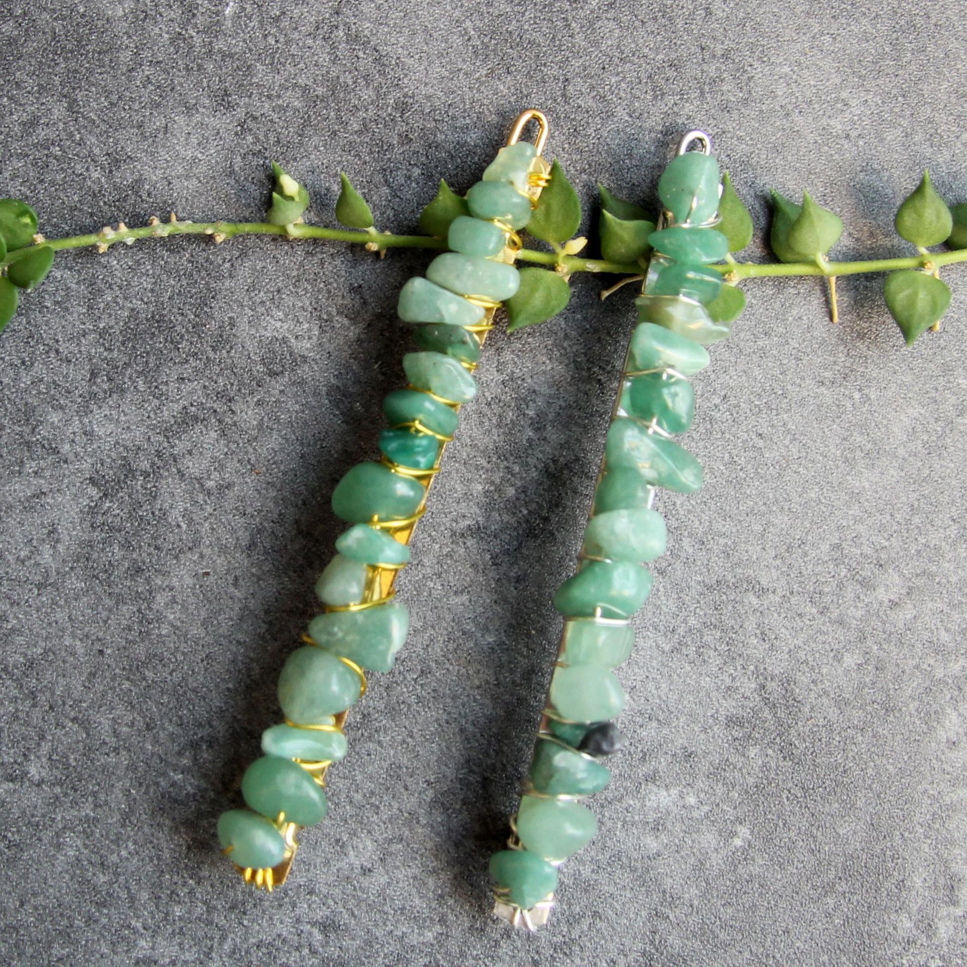 Green Aventurine platinum color hair clip and ston