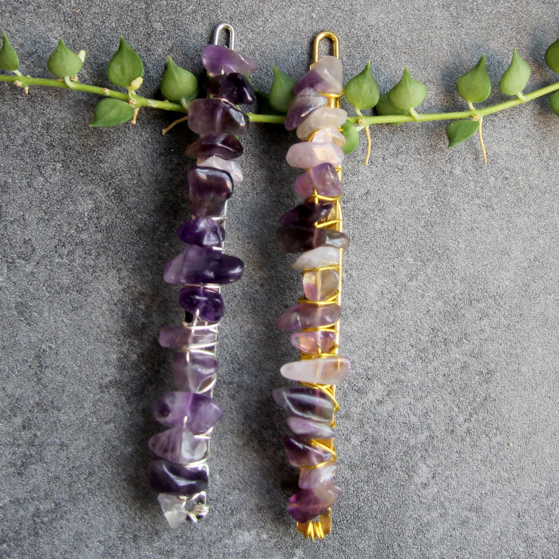 Amethyst platinum color hair clip and stone