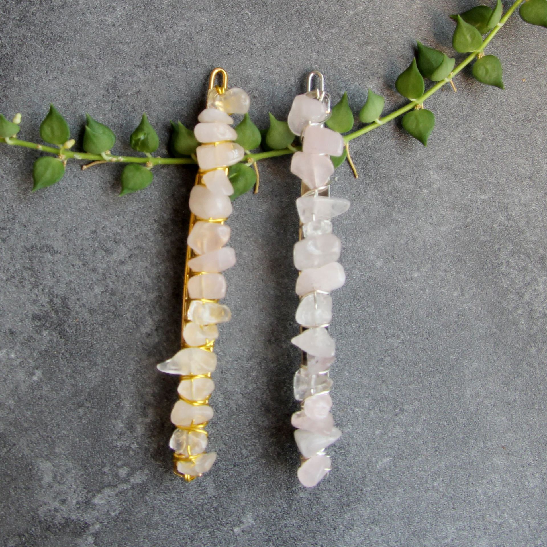 Rose Quartz platinum color hair clip and stone