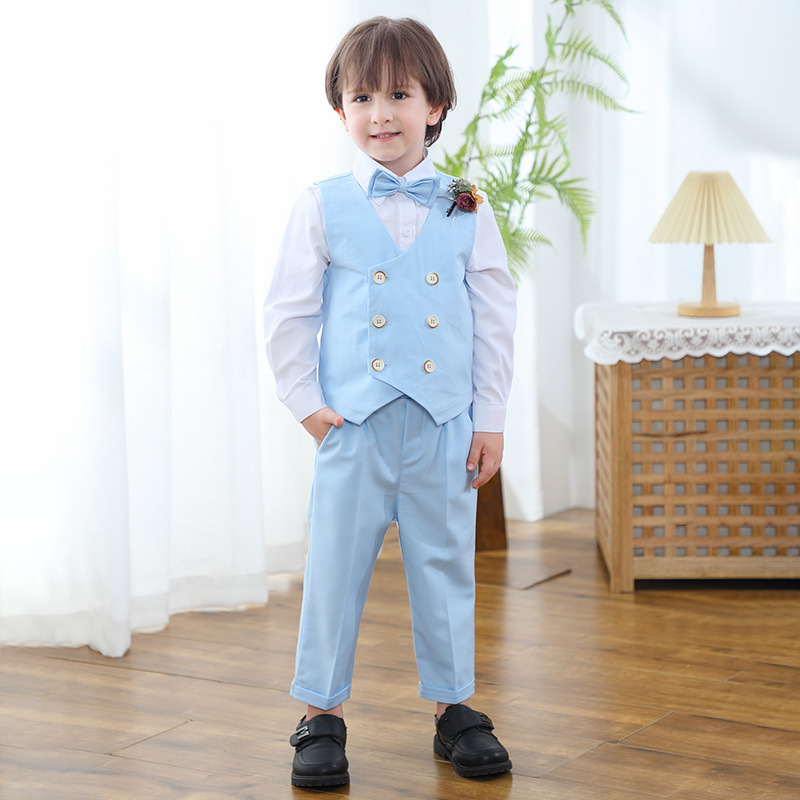 Sky blue vest , pants , white shirt with bow tie corsage