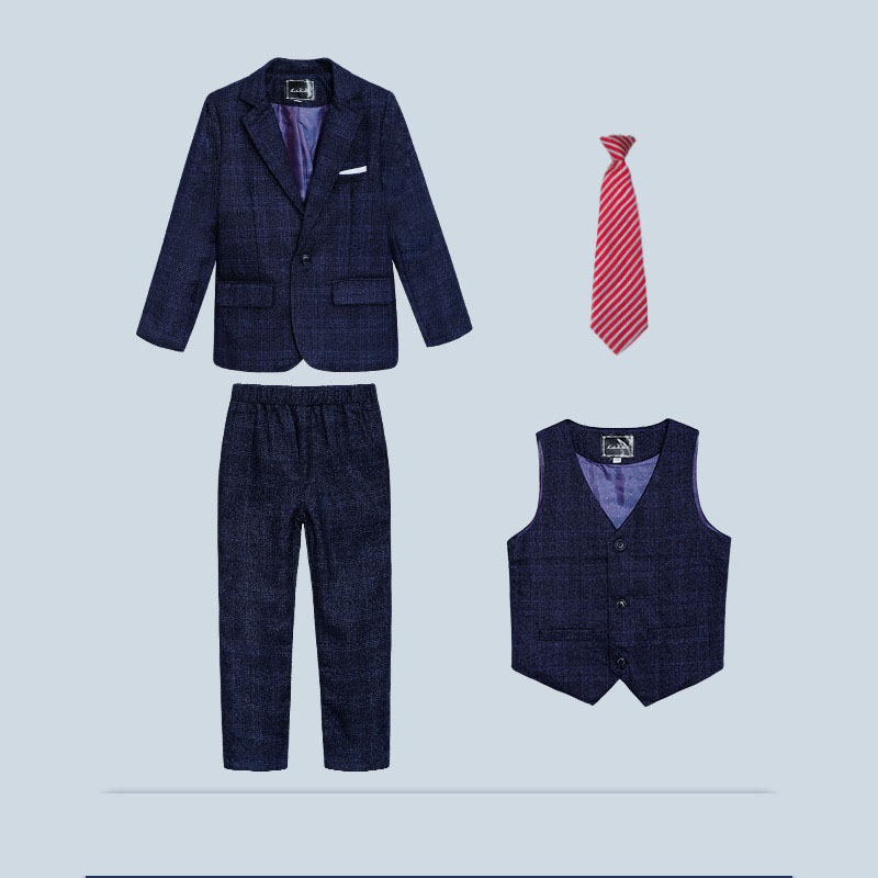 Blue plaid 4-piece set (with tie)